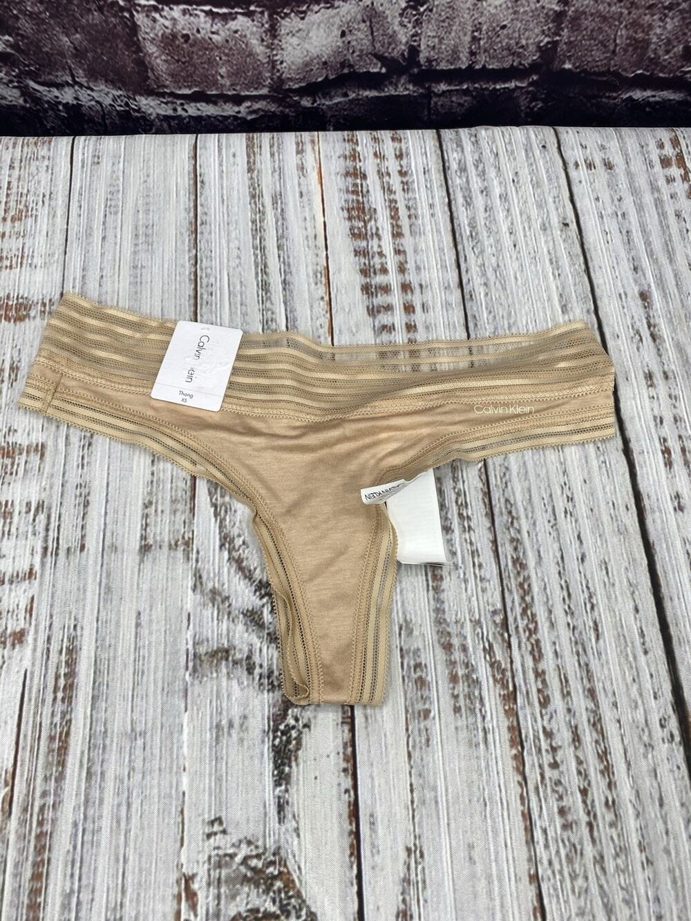 Calvin Klein Women Lace Trim Thong Nude Light Brown XS NWT